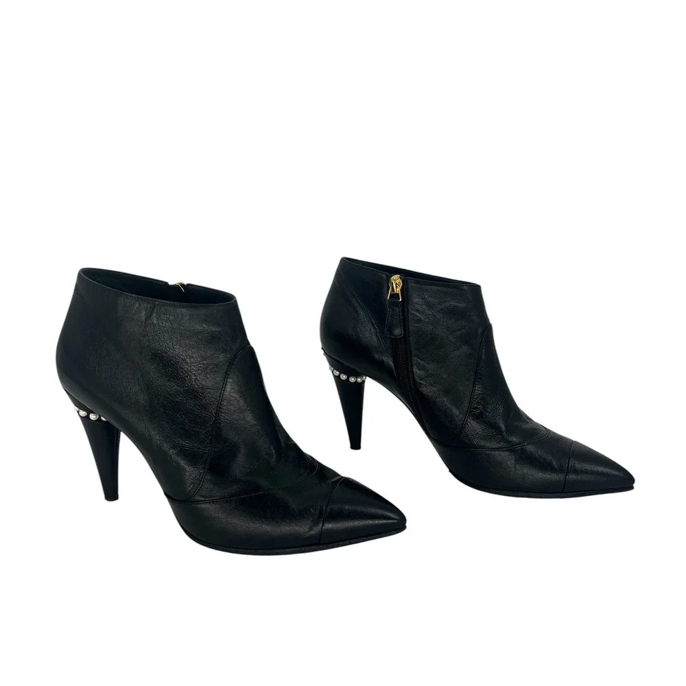 Chanel Pearl‎ CC Cone Heel Ankle Boots Black Leather Pointed Toe Size 39.5